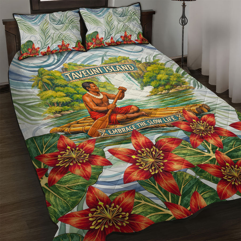 Fiji Taveuni Island Dateline Crossing Quilt Bed Set Tropical Cultural Landscape With Tagimoucia Floral Pattern TS04 White Green - Polynesian Pride