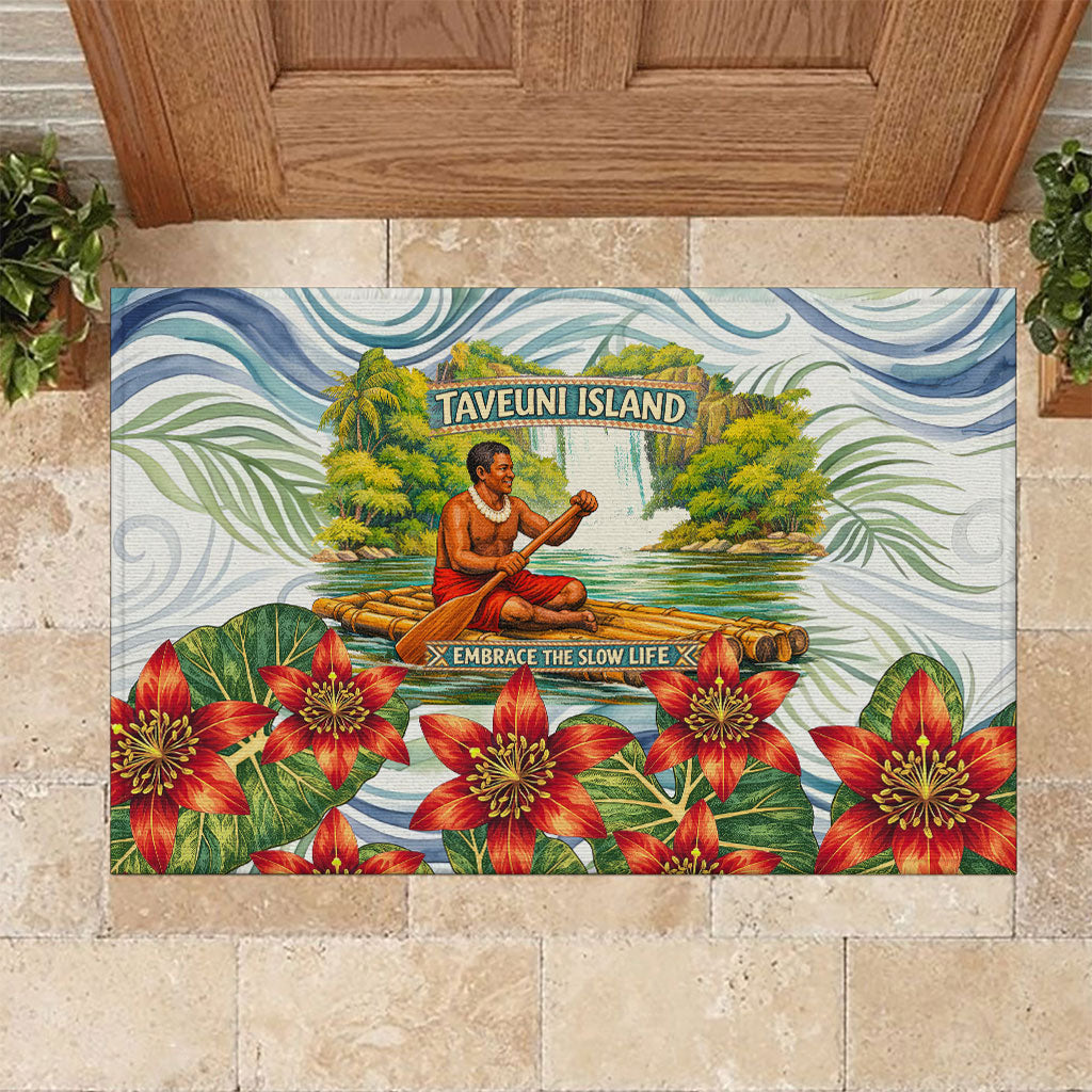 Fiji Taveuni Island Dateline Crossing Rubber Doormat Tropical Cultural Landscape With Tagimoucia Floral Pattern TS04 White Green - Polynesian Pride