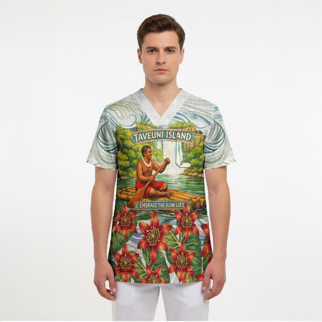 Fiji Taveuni Island Dateline Crossing Scrub Top Tropical Cultural Landscape With Tagimoucia Floral Pattern TS04 - Polynesian Pride