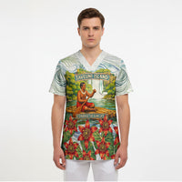 Fiji Taveuni Island Dateline Crossing Scrub Top Tropical Cultural Landscape With Tagimoucia Floral Pattern TS04 - Polynesian Pride