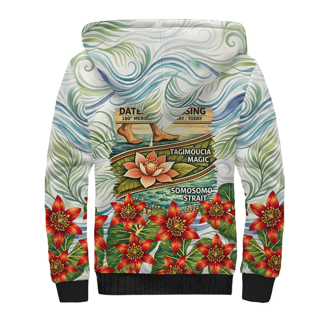 Fiji Taveuni Island Dateline Crossing Sherpa Hoodie Tropical Cultural Landscape With Tagimoucia Floral Pattern TS04 - Polynesian Pride