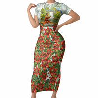 Fiji Taveuni Island Dateline Crossing Short Sleeve Bodycon Dress Tropical Cultural Landscape With Tagimoucia Floral Pattern TS04 Long Dress White Green - Polynesian Pride