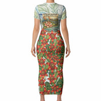 Fiji Taveuni Island Dateline Crossing Short Sleeve Bodycon Dress Tropical Cultural Landscape With Tagimoucia Floral Pattern TS04 - Polynesian Pride