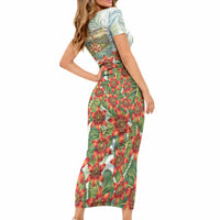 Fiji Taveuni Island Dateline Crossing Short Sleeve Bodycon Dress Tropical Cultural Landscape With Tagimoucia Floral Pattern TS04 - Polynesian Pride