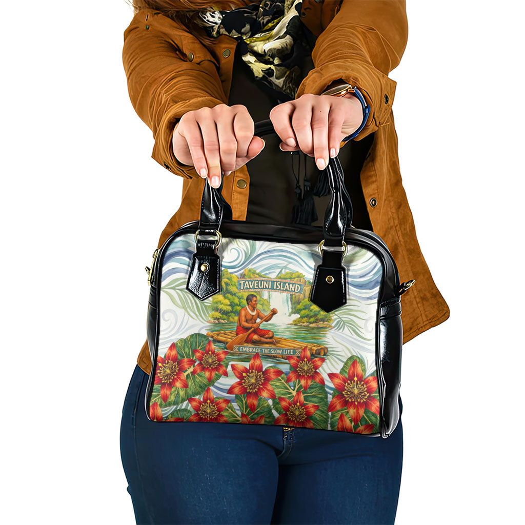 Fiji Taveuni Island Dateline Crossing Shoulder Handbag Tropical Cultural Landscape With Tagimoucia Floral Pattern TS04 One Size White Green - Polynesian Pride