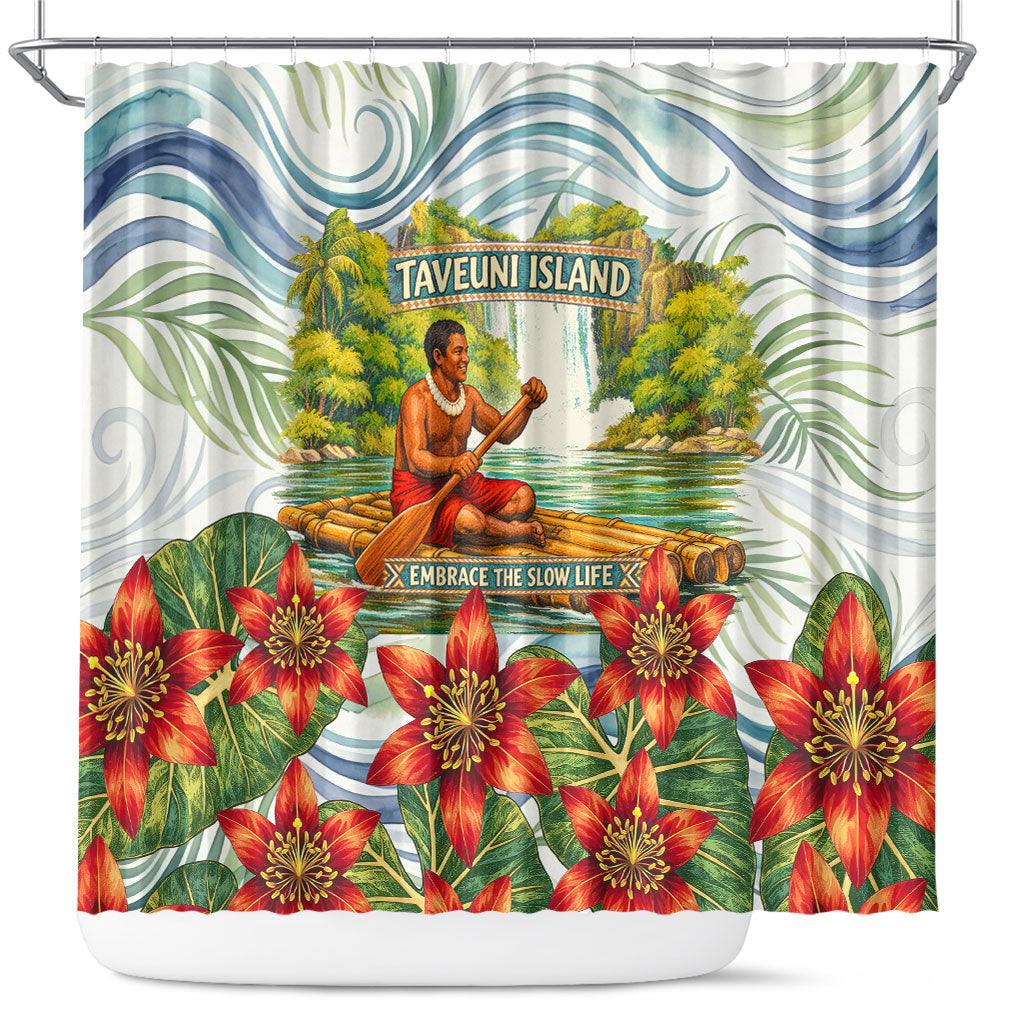 Fiji Taveuni Island Dateline Crossing Shower Curtain Tropical Cultural Landscape With Tagimoucia Floral Pattern TS04 White Green - Polynesian Pride