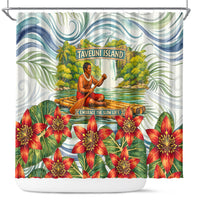 Fiji Taveuni Island Dateline Crossing Shower Curtain Tropical Cultural Landscape With Tagimoucia Floral Pattern TS04 White Green - Polynesian Pride