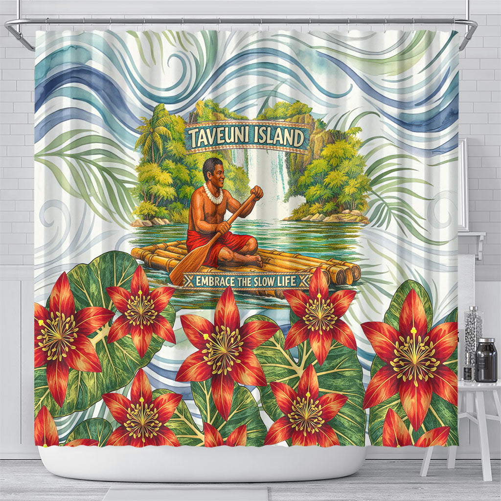 Fiji Taveuni Island Dateline Crossing Shower Curtain Tropical Cultural Landscape With Tagimoucia Floral Pattern TS04 - Polynesian Pride