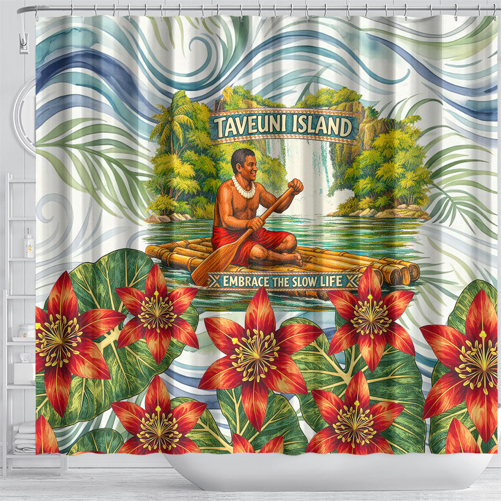 Fiji Taveuni Island Dateline Crossing Shower Curtain Tropical Cultural Landscape With Tagimoucia Floral Pattern TS04 - Polynesian Pride