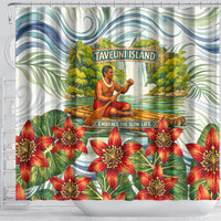 Fiji Taveuni Island Dateline Crossing Shower Curtain Tropical Cultural Landscape With Tagimoucia Floral Pattern TS04 - Polynesian Pride