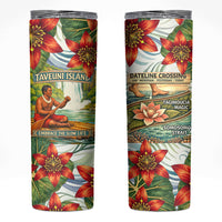 Fiji Taveuni Island Dateline Crossing Skinny Tumbler Tropical Cultural Landscape With Tagimoucia Floral Pattern TS04 White Green - Polynesian Pride