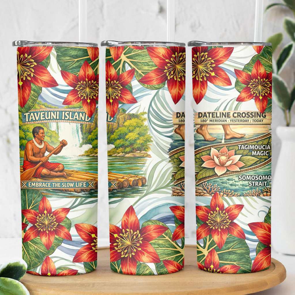 Fiji Taveuni Island Dateline Crossing Skinny Tumbler Tropical Cultural Landscape With Tagimoucia Floral Pattern TS04 - Polynesian Pride