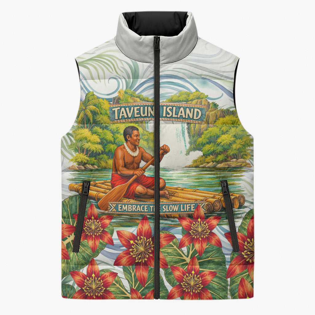 Fiji Taveuni Island Dateline Crossing Sleeveless Puffer Jacket Tropical Cultural Landscape With Tagimoucia Floral Pattern TS04 Unisex White Green - Polynesian Pride