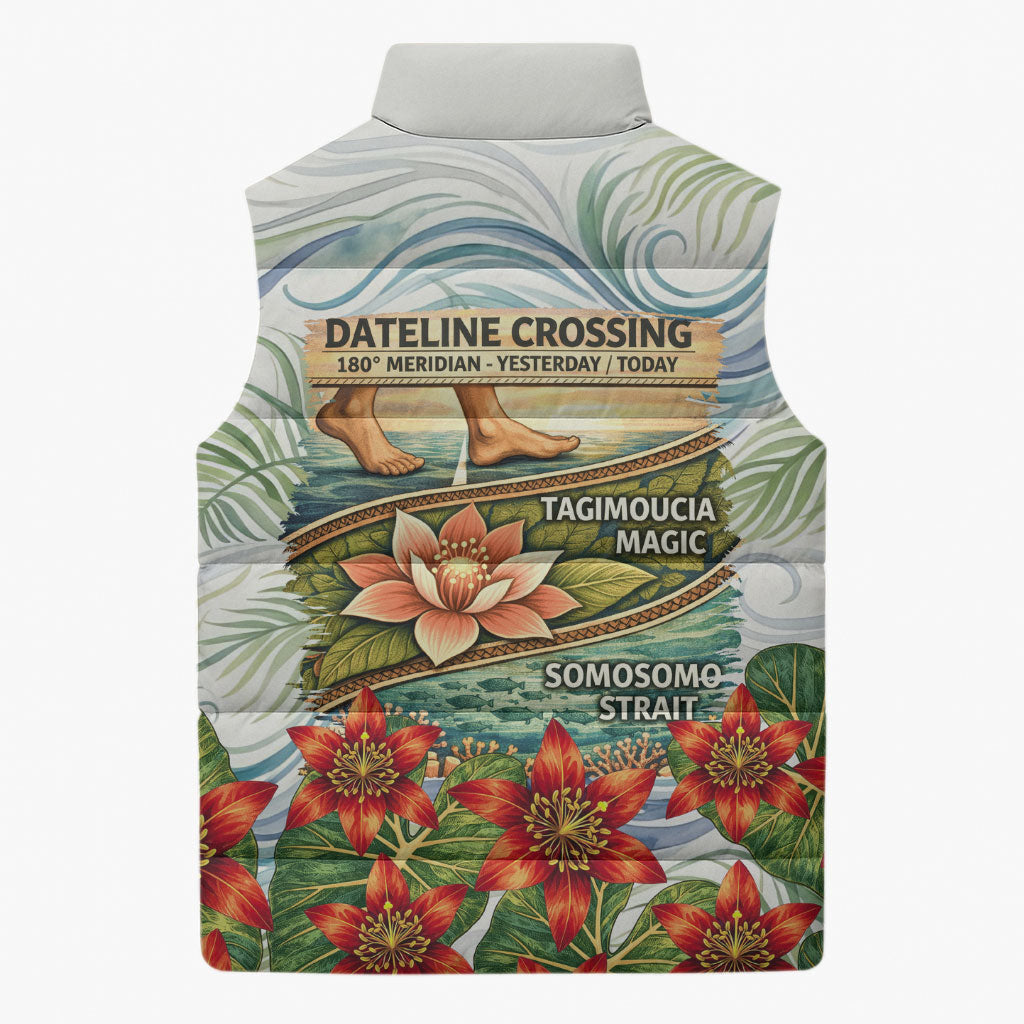 Fiji Taveuni Island Dateline Crossing Sleeveless Puffer Jacket Tropical Cultural Landscape With Tagimoucia Floral Pattern TS04 - Polynesian Pride