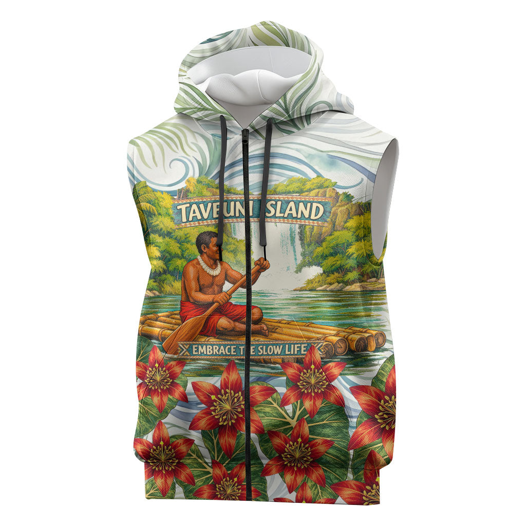 Fiji Taveuni Island Dateline Crossing Sleeveless Zip Hoodie Tropical Cultural Landscape With Tagimoucia Floral Pattern TS04 White Green - Polynesian Pride