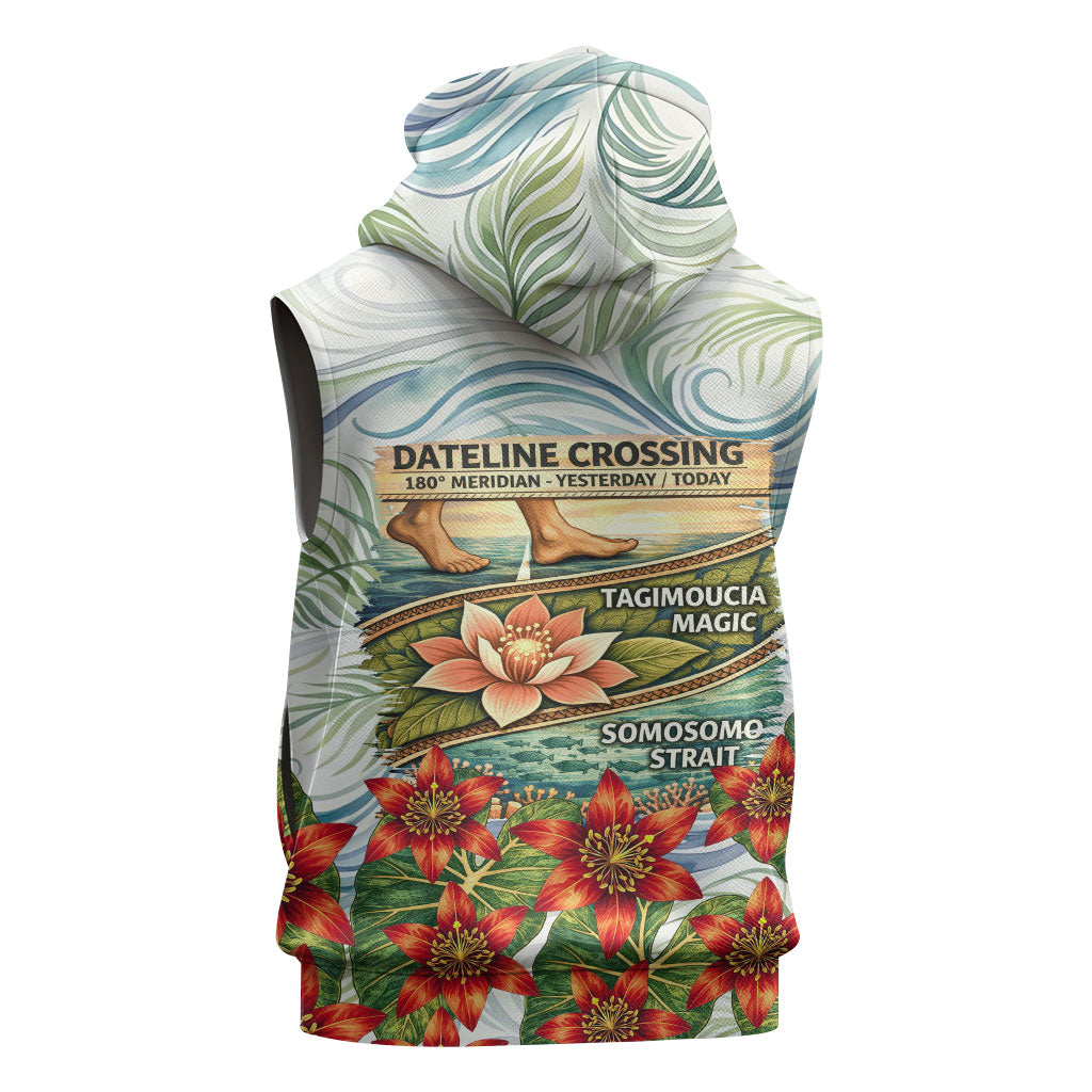 Fiji Taveuni Island Dateline Crossing Sleeveless Zip Hoodie Tropical Cultural Landscape With Tagimoucia Floral Pattern TS04 - Polynesian Pride