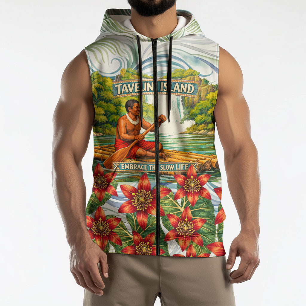 Fiji Taveuni Island Dateline Crossing Sleeveless Zip Hoodie Tropical Cultural Landscape With Tagimoucia Floral Pattern TS04 - Polynesian Pride