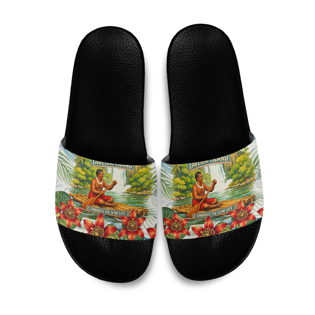 Fiji Taveuni Island Dateline Crossing Slide Sandals Tropical Cultural Landscape With Tagimoucia Floral Pattern TS04 White Green - Polynesian Pride