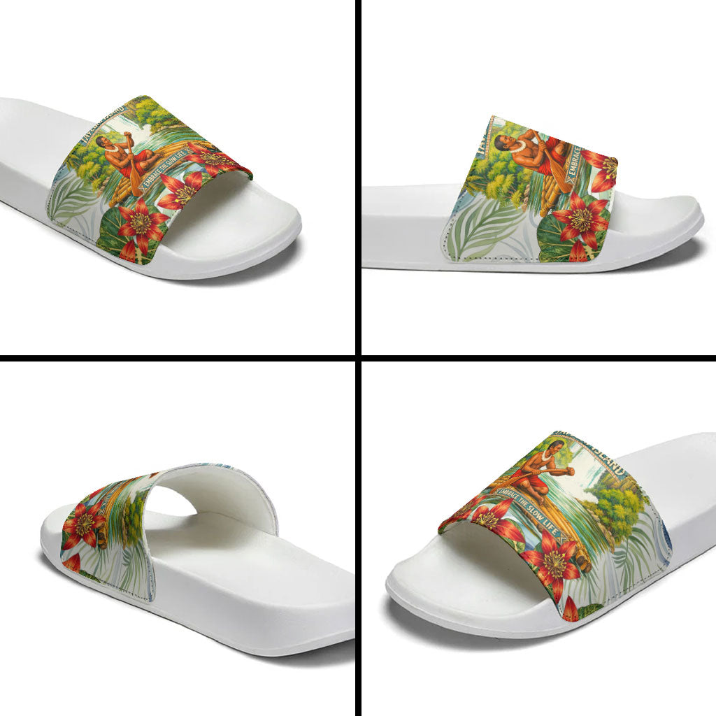 Fiji Taveuni Island Dateline Crossing Slide Sandals Tropical Cultural Landscape With Tagimoucia Floral Pattern TS04 - Polynesian Pride