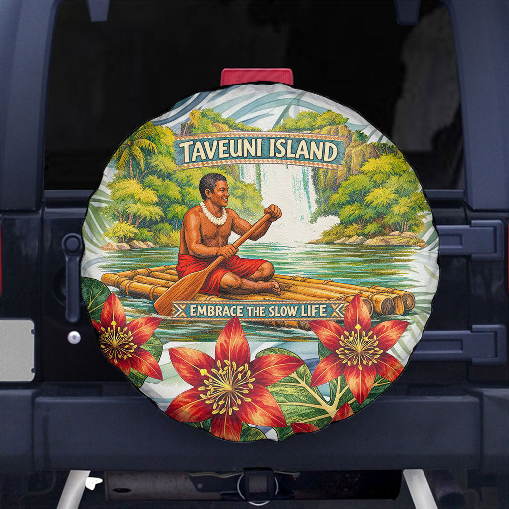 Fiji Taveuni Island Dateline Crossing Spare Tire Cover Tropical Cultural Landscape With Tagimoucia Floral Pattern TS04 No hole White Green - Polynesian Pride