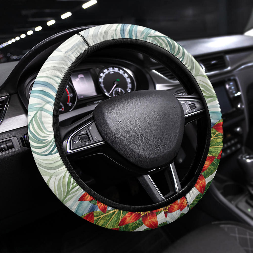 Fiji Taveuni Island Dateline Crossing Steering Wheel Cover Tropical Cultural Landscape With Tagimoucia Floral Pattern TS04 Universal Fit White Green - Polynesian Pride