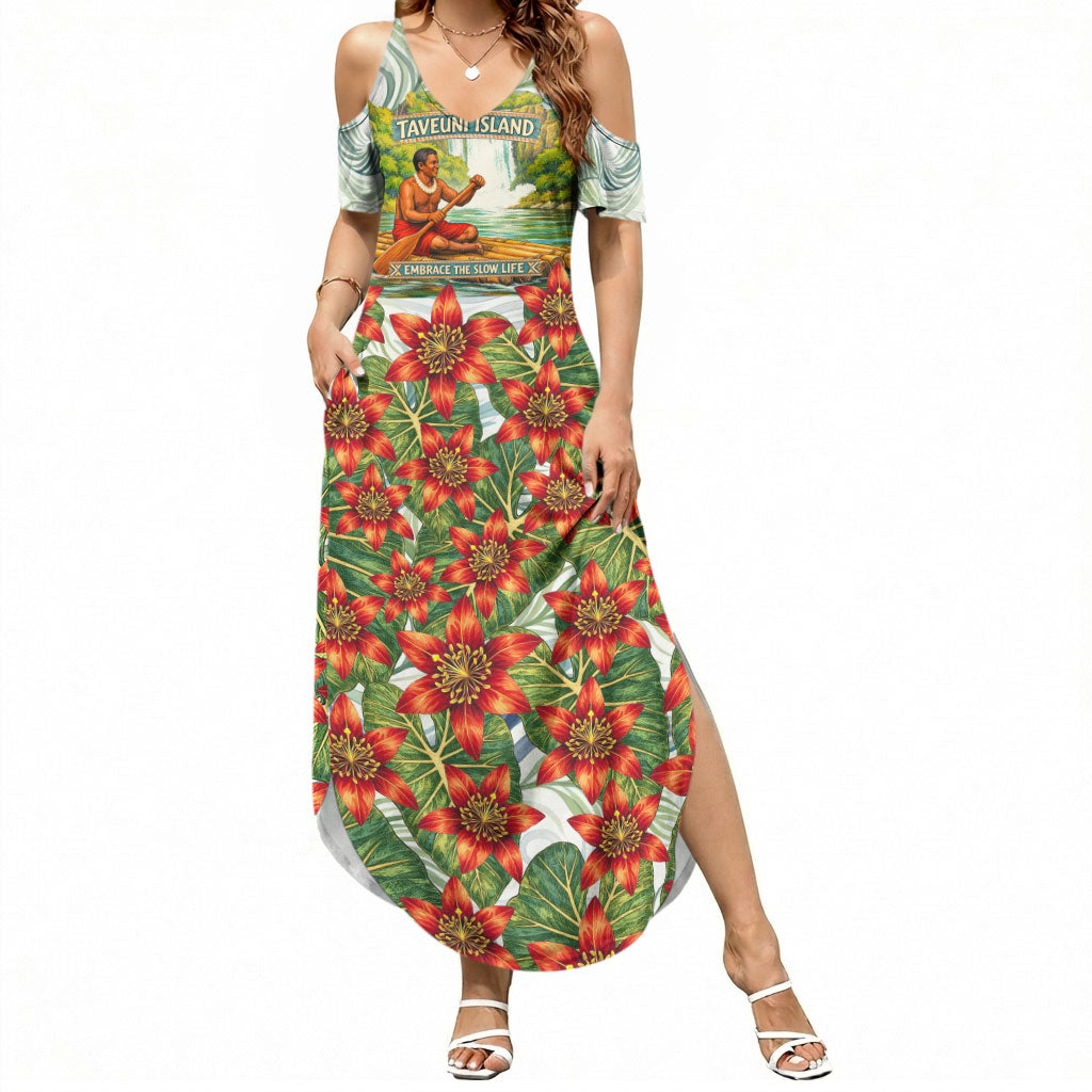 Fiji Taveuni Island Dateline Crossing Summer Maxi Dress Tropical Cultural Landscape With Tagimoucia Floral Pattern TS04 Women White Green - Polynesian Pride