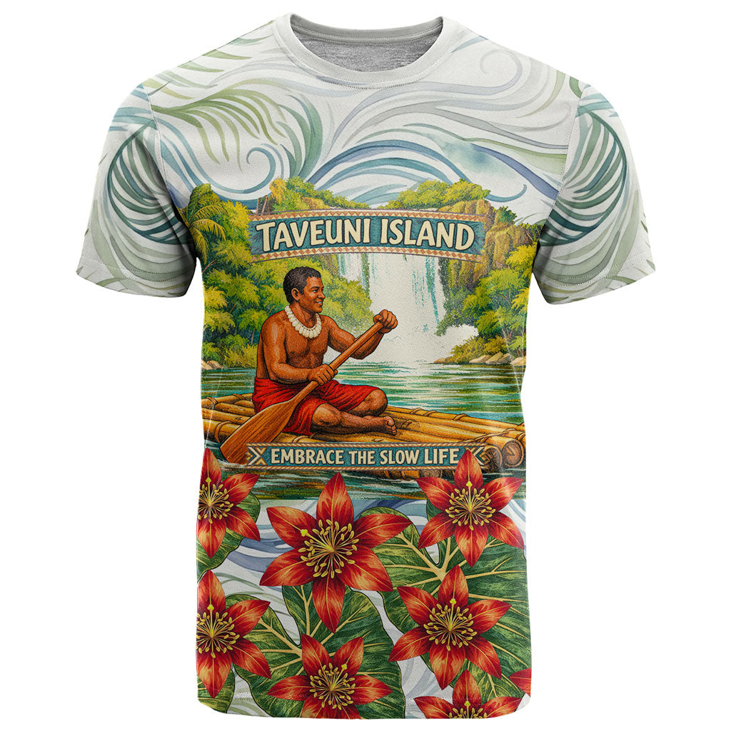 Fiji Taveuni Island Dateline Crossing T Shirt Tropical Cultural Landscape With Tagimoucia Floral Pattern TS04 White Green - Polynesian Pride