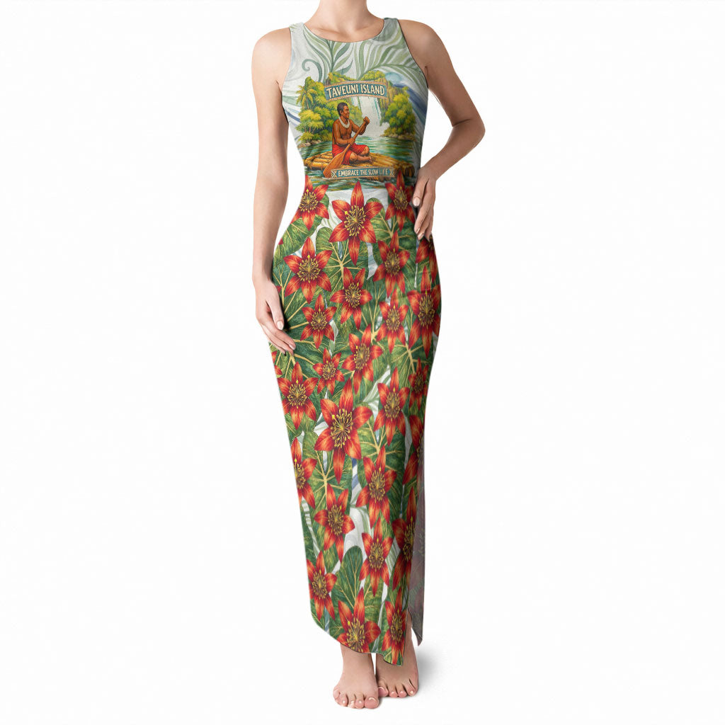 Fiji Taveuni Island Dateline Crossing Tank Maxi Dress Tropical Cultural Landscape With Tagimoucia Floral Pattern TS04 Women White Green - Polynesian Pride