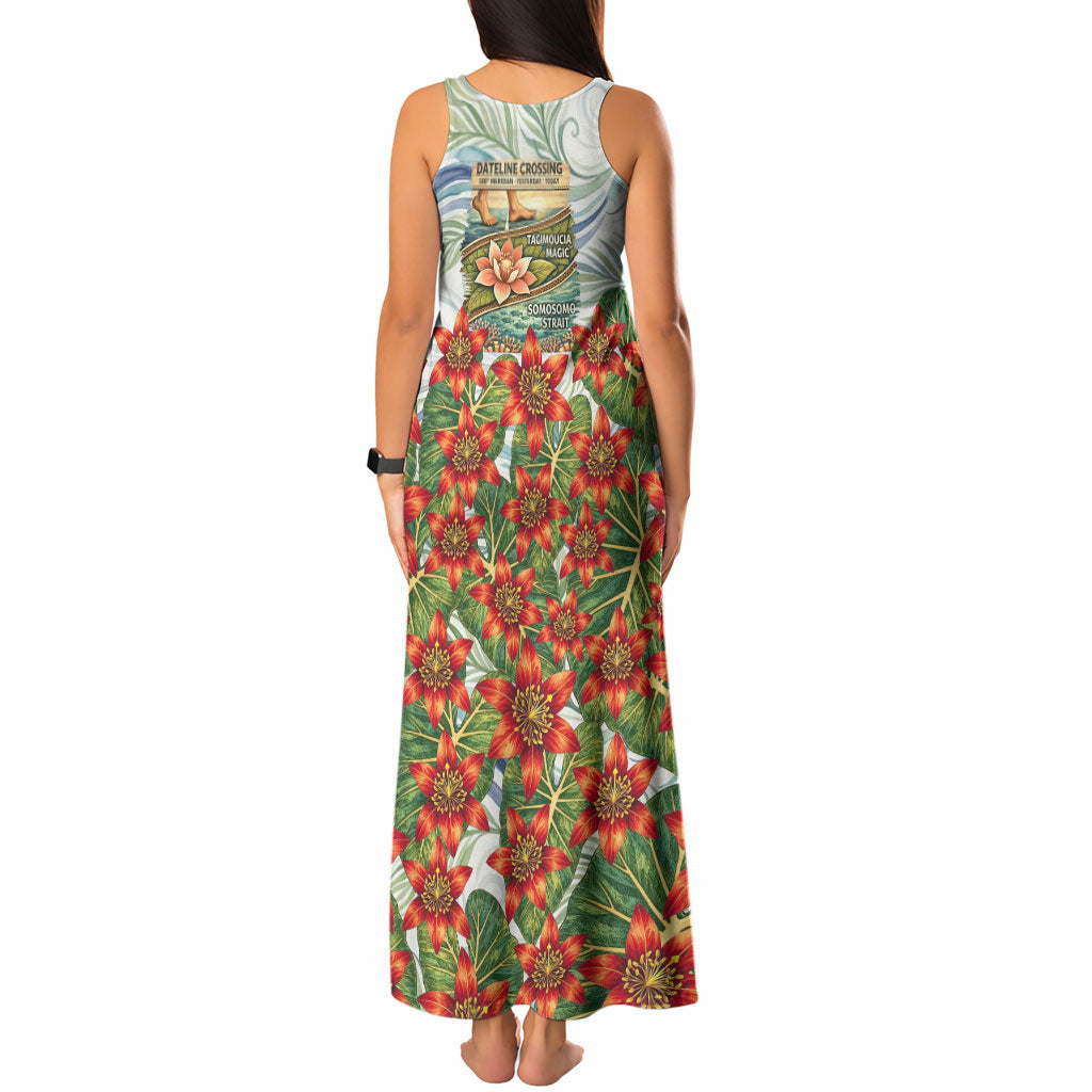 Fiji Taveuni Island Dateline Crossing Tank Maxi Dress Tropical Cultural Landscape With Tagimoucia Floral Pattern TS04 - Polynesian Pride