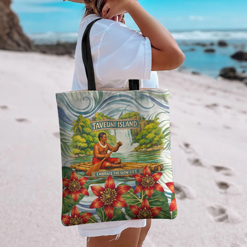 Fiji Taveuni Island Dateline Crossing Tote Bag Tropical Cultural Landscape With Tagimoucia Floral Pattern TS04 - Polynesian Pride