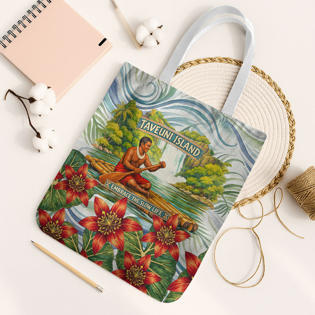Fiji Taveuni Island Dateline Crossing Tote Bag Tropical Cultural Landscape With Tagimoucia Floral Pattern TS04 White Strap One Size White Green - Polynesian Pride