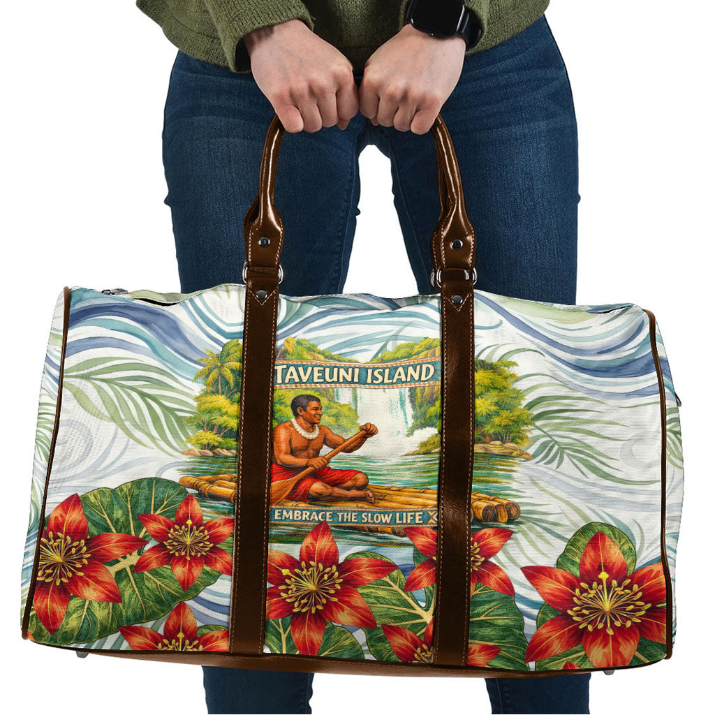 Fiji Taveuni Island Dateline Crossing Travel Bag Tropical Cultural Landscape With Tagimoucia Floral Pattern TS04 White Green - Polynesian Pride