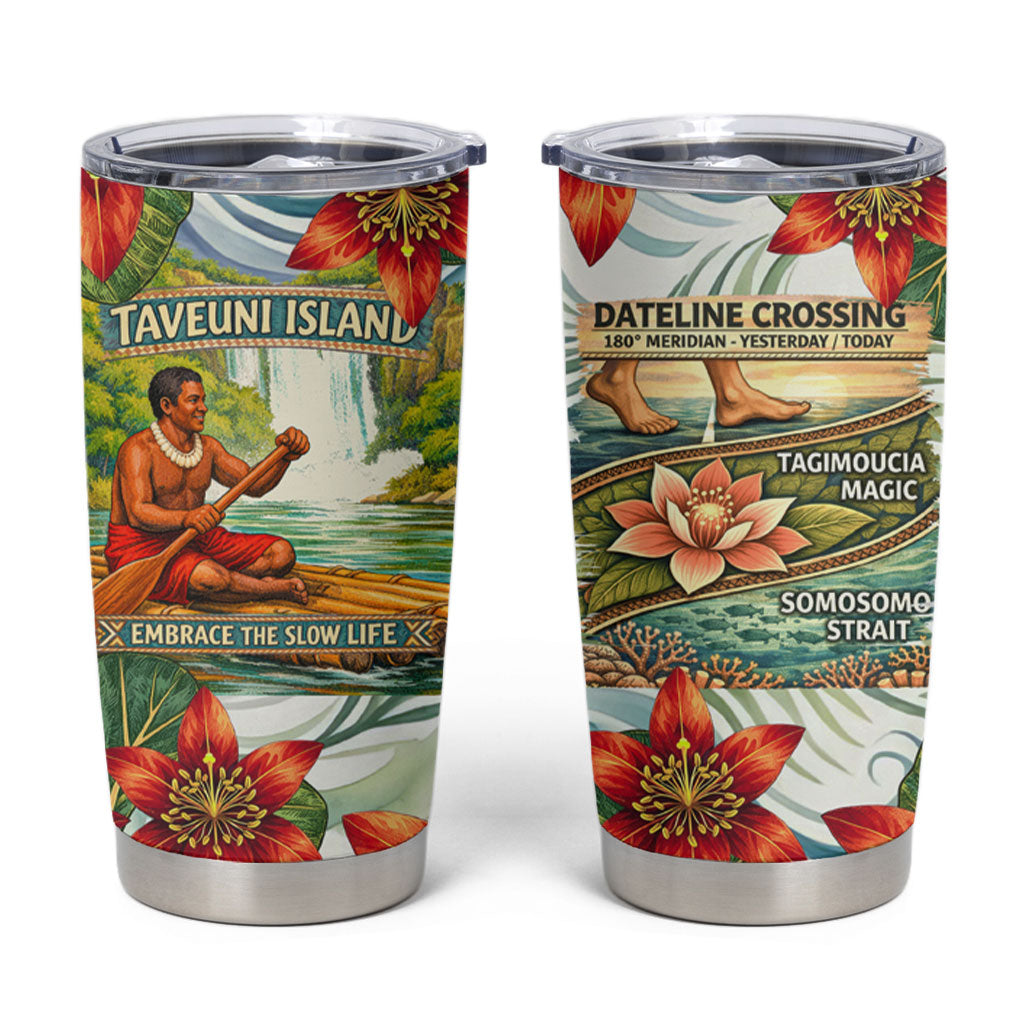 Fiji Taveuni Island Dateline Crossing Tumbler Cup Tropical Cultural Landscape With Tagimoucia Floral Pattern TS04 White Green - Polynesian Pride