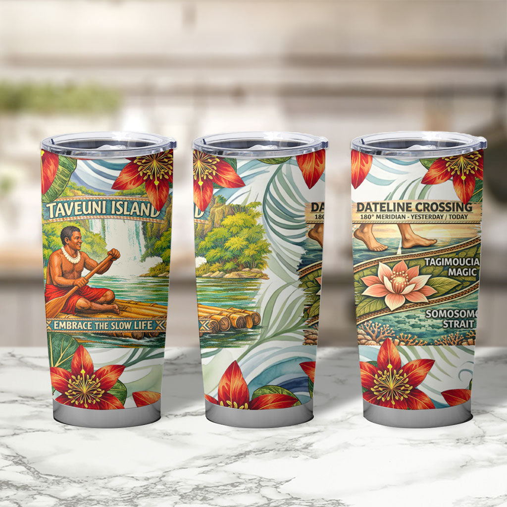Fiji Taveuni Island Dateline Crossing Tumbler Cup Tropical Cultural Landscape With Tagimoucia Floral Pattern TS04 - Polynesian Pride