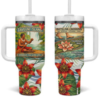 Fiji Taveuni Island Dateline Crossing Tumbler With Handle Tropical Cultural Landscape With Tagimoucia Floral Pattern TS04 One Size: 40 oz White Green - Polynesian Pride