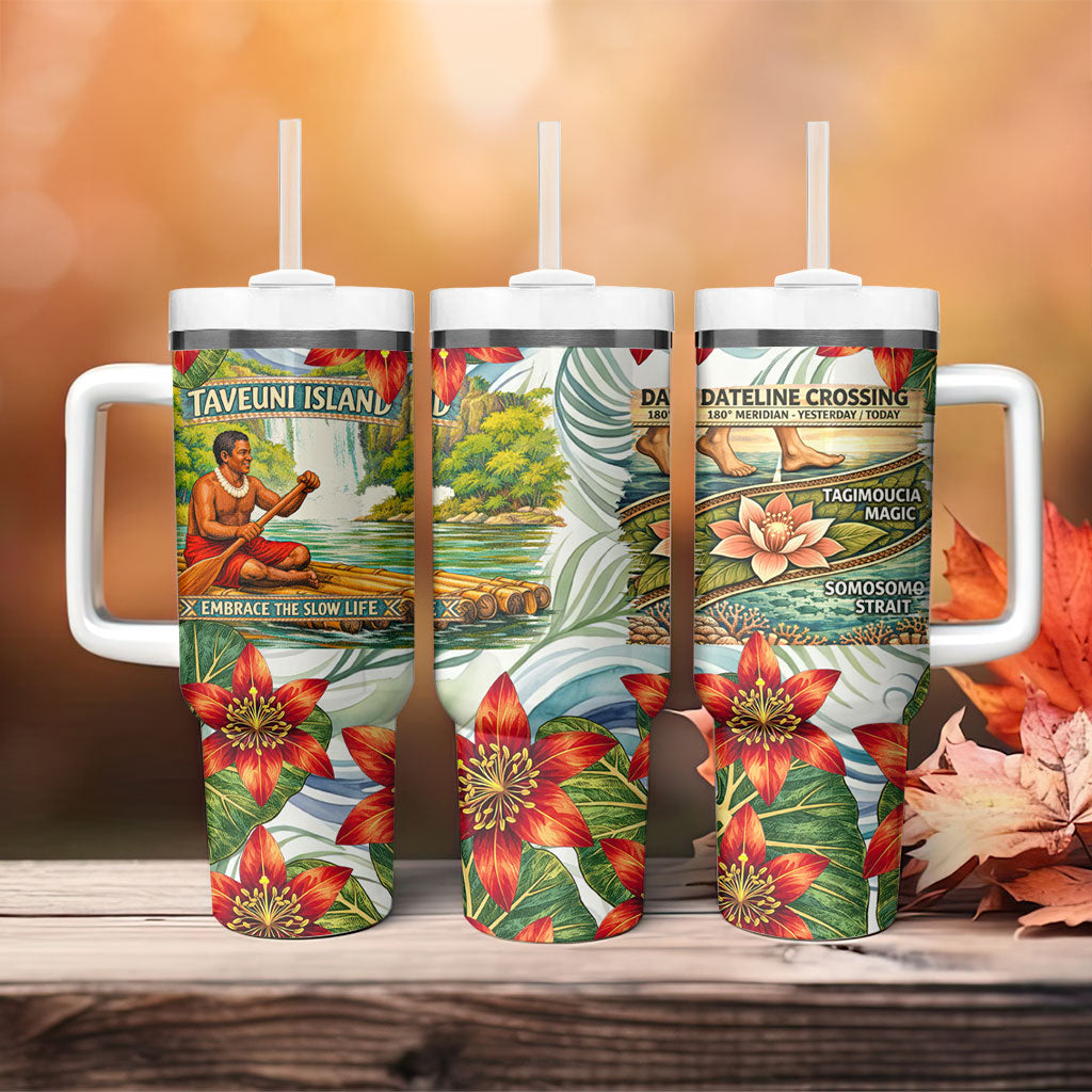 Fiji Taveuni Island Dateline Crossing Tumbler With Handle Tropical Cultural Landscape With Tagimoucia Floral Pattern TS04 - Polynesian Pride