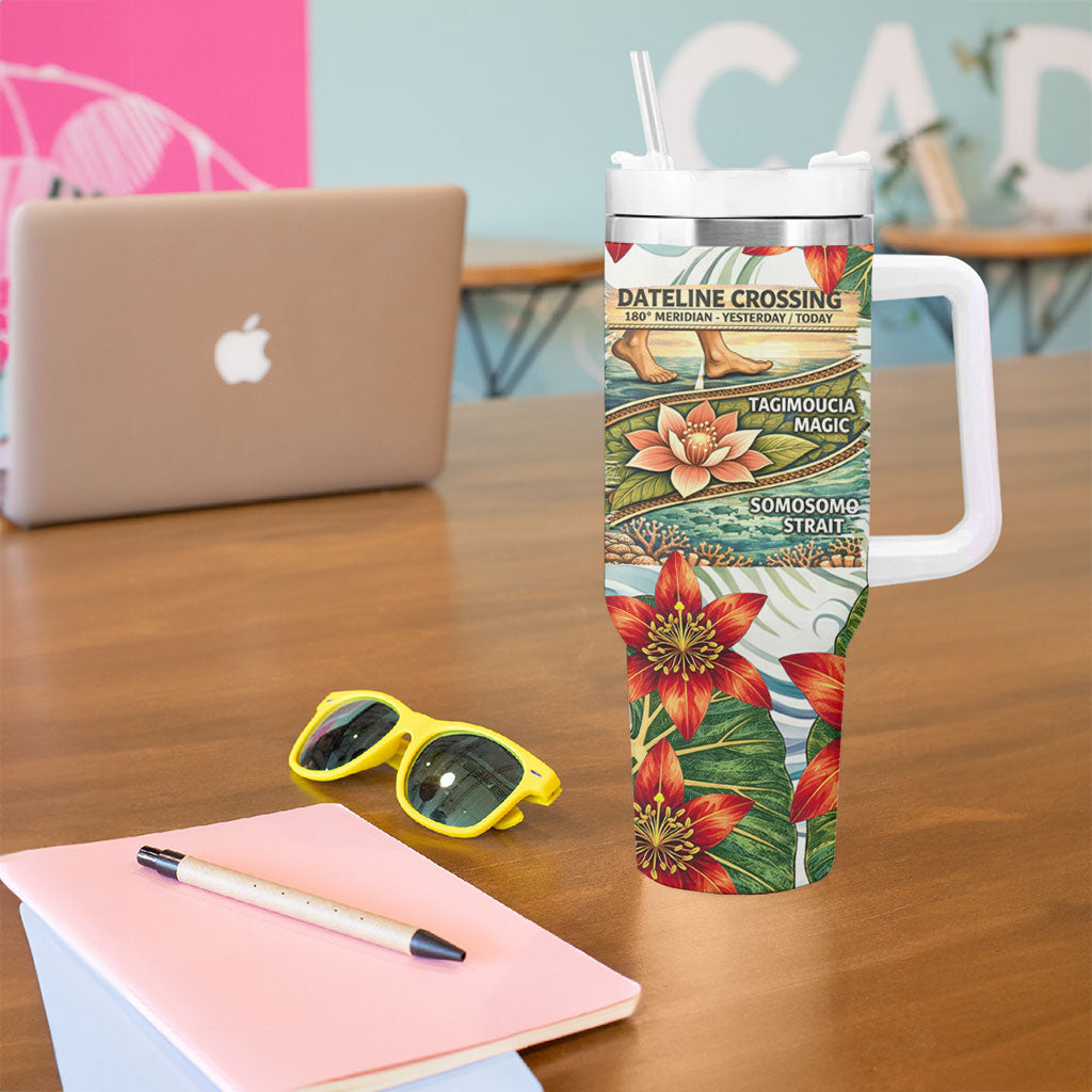 Fiji Taveuni Island Dateline Crossing Tumbler With Handle Tropical Cultural Landscape With Tagimoucia Floral Pattern TS04 - Polynesian Pride