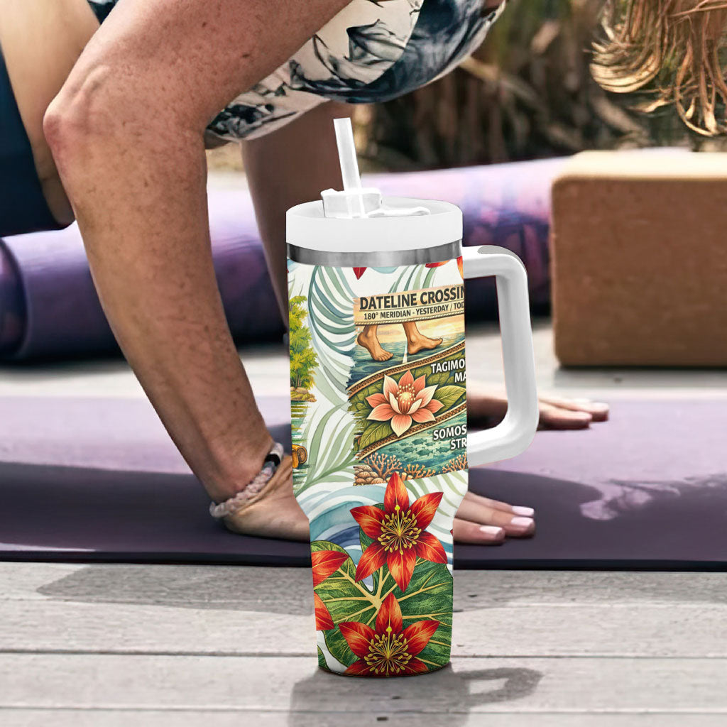 Fiji Taveuni Island Dateline Crossing Tumbler With Handle Tropical Cultural Landscape With Tagimoucia Floral Pattern TS04 - Polynesian Pride