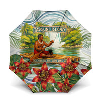 Fiji Taveuni Island Dateline Crossing Umbrella Tropical Cultural Landscape With Tagimoucia Floral Pattern TS04 One Size Folded 11.42 inch Opened Diameter 37.4 inch White Green - Polynesian Pride