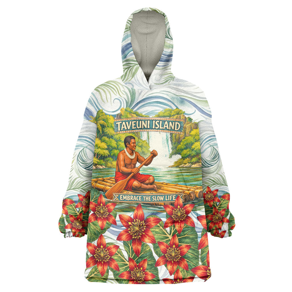 Fiji Taveuni Island Dateline Crossing Wearable Blanket Hoodie Tropical Cultural Landscape With Tagimoucia Floral Pattern TS04 One Size White Green - Polynesian Pride