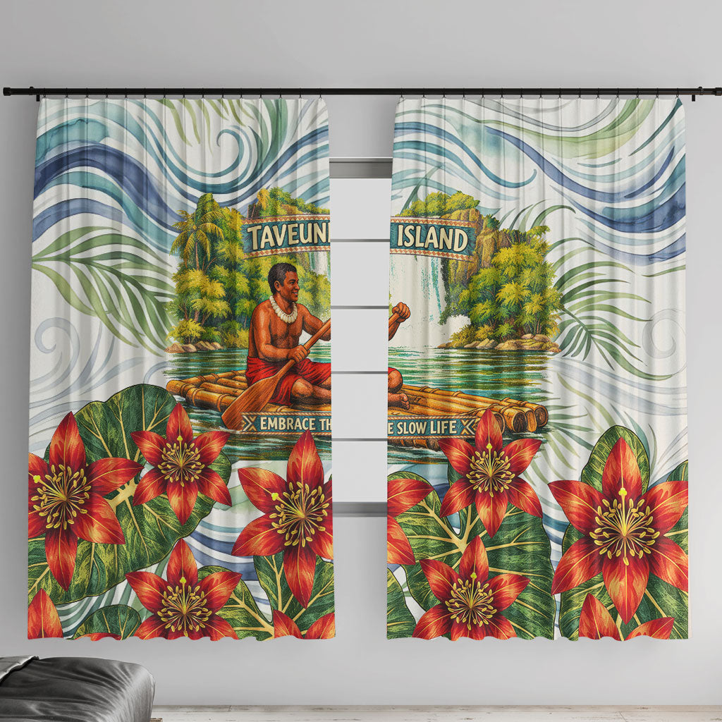 Fiji Taveuni Island Dateline Crossing Window Curtain Tropical Cultural Landscape With Tagimoucia Floral Pattern TS04 With Hooks White Green - Polynesian Pride