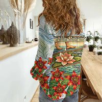 Fiji Taveuni Island Dateline Crossing Women Casual Shirt Tropical Cultural Landscape With Tagimoucia Floral Pattern TS04 - Polynesian Pride