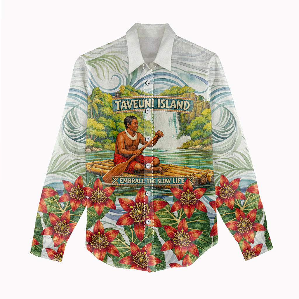 Fiji Taveuni Island Dateline Crossing Women Casual Shirt Tropical Cultural Landscape With Tagimoucia Floral Pattern TS04 - Polynesian Pride