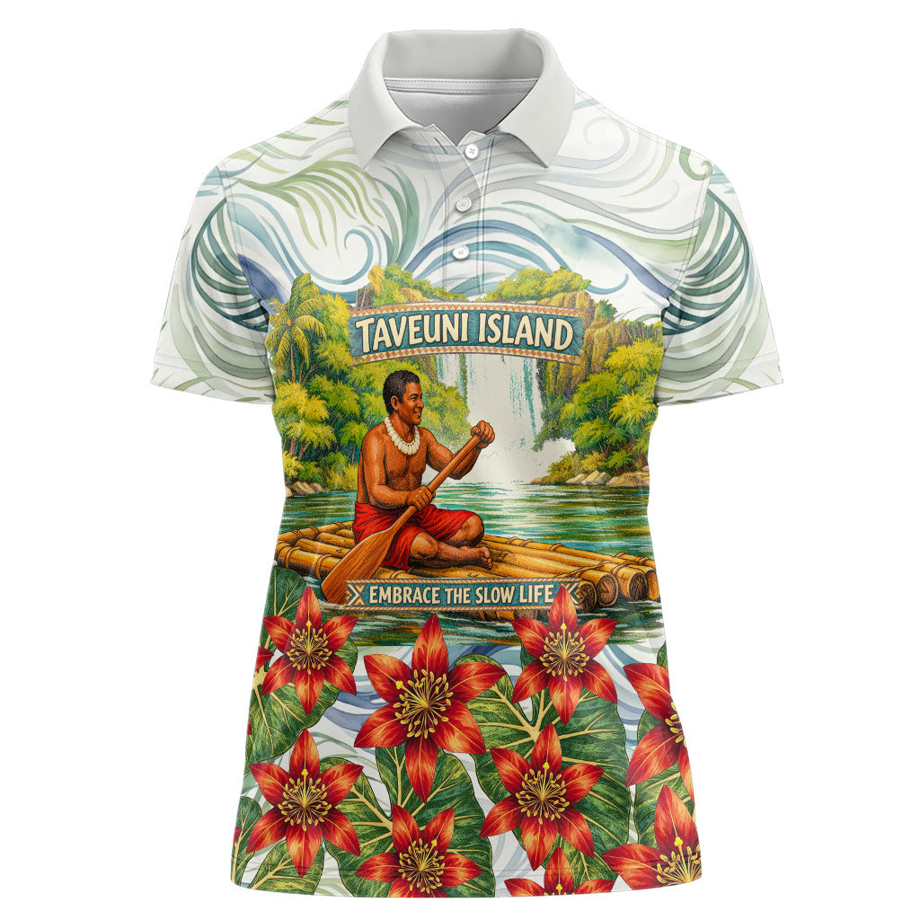 Fiji Taveuni Island Dateline Crossing Women Polo Shirt Tropical Cultural Landscape With Tagimoucia Floral Pattern TS04 Female White Green - Polynesian Pride