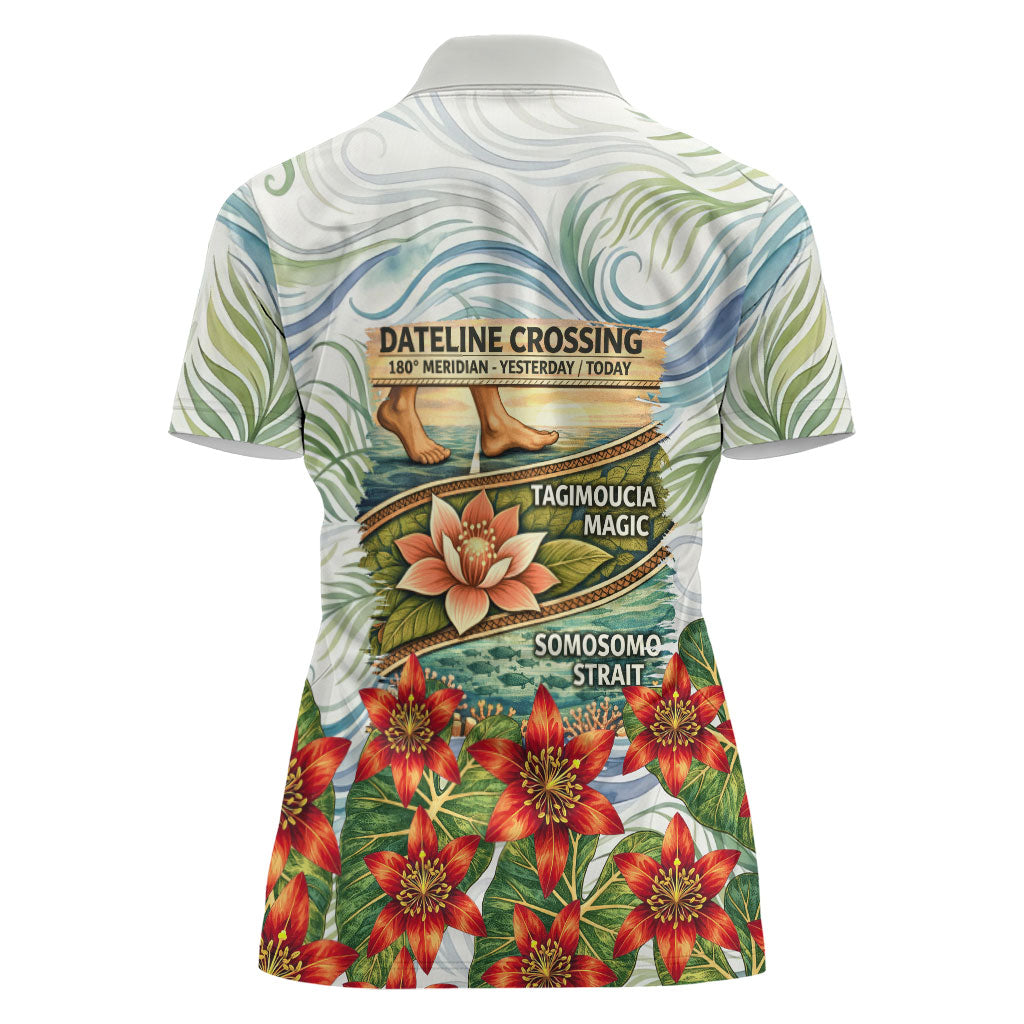 Fiji Taveuni Island Dateline Crossing Women Polo Shirt Tropical Cultural Landscape With Tagimoucia Floral Pattern TS04 - Polynesian Pride