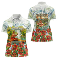 Fiji Taveuni Island Dateline Crossing Women Polo Shirt Tropical Cultural Landscape With Tagimoucia Floral Pattern TS04 - Polynesian Pride