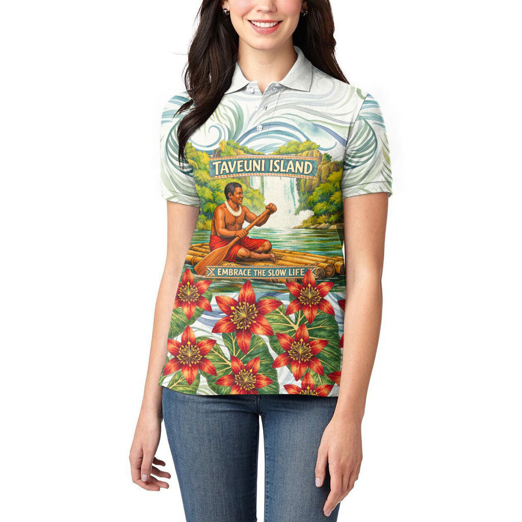 Fiji Taveuni Island Dateline Crossing Women Polo Shirt Tropical Cultural Landscape With Tagimoucia Floral Pattern TS04 - Polynesian Pride