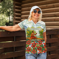 Fiji Taveuni Island Dateline Crossing Women Polo Shirt Tropical Cultural Landscape With Tagimoucia Floral Pattern TS04 - Polynesian Pride