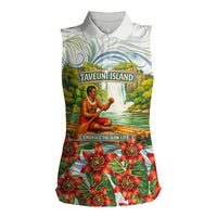 Fiji Taveuni Island Dateline Crossing Women Sleeveless Polo Shirt Tropical Cultural Landscape With Tagimoucia Floral Pattern TS04 Female White Green - Polynesian Pride