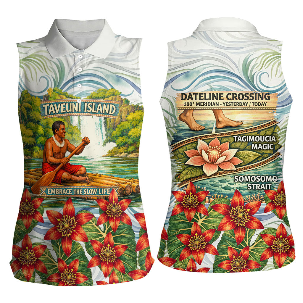 Fiji Taveuni Island Dateline Crossing Women Sleeveless Polo Shirt Tropical Cultural Landscape With Tagimoucia Floral Pattern TS04 - Polynesian Pride